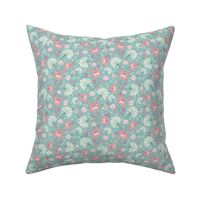 Extra Small Scale Stylised Botanical Turkish Inspired Trailing Floral in Light Pink and Light Blue Turquoise