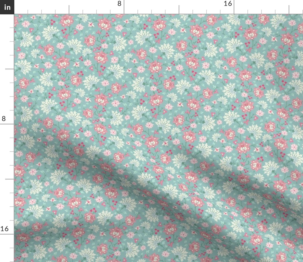 Extra Small Scale Stylised Botanical Turkish Inspired Trailing Floral in Light Pink and Light Blue Turquoise