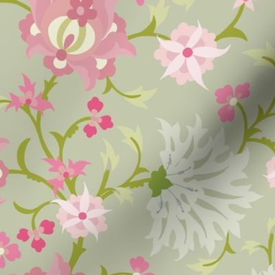 Large  Scale Stylised Botanical Turkish Inspired Trailing Floral in Light Green and Pink