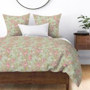 Large  Scale Stylised Botanical Turkish Inspired Trailing Floral in Light Green and Pink