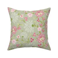 Large  Scale Stylised Botanical Turkish Inspired Trailing Floral in Light Green and Pink