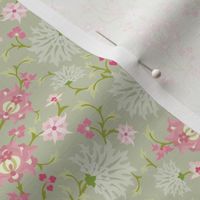 Extra Small Scale Stylised Botanical Turkish Inspired Trailing Floral in Light Green and Pink