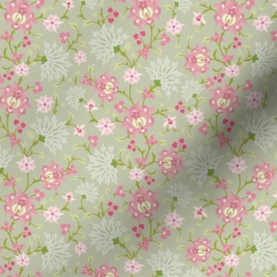 Extra Small Scale Stylised Botanical Turkish Inspired Trailing Floral in Light Green and Pink