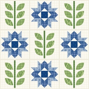 Vertical Blue Star Flower Cheater Quilt Block