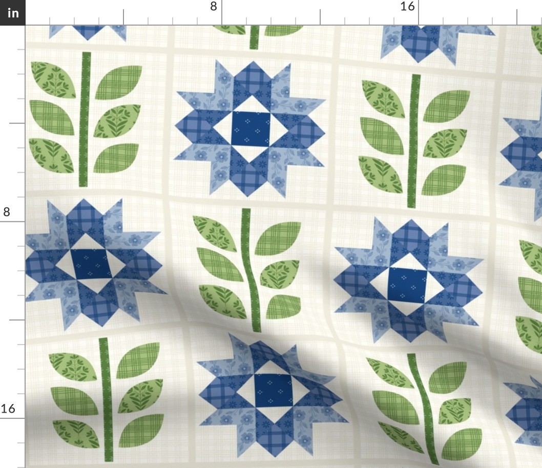 Vertical Blue Star Flower Cheater Quilt Block