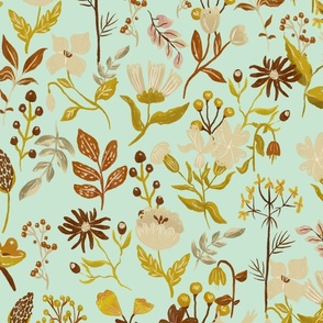 Green gold Cream and terra cotta Woodland and Meadow Florals_Large