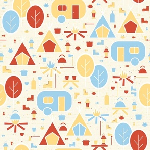 Camping in the Woods - Red, Yellow and Light Blue - Retro - Woodland - Cabincore - Travel - Road Trip - Summer - Bonfire - Campfire - Pastel Colors