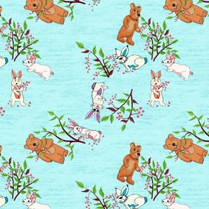 Bunnies, Bear, Berries Teal Background 2x