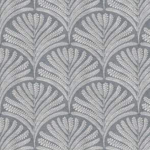 Damask with fern fans off-white on blue gray / Blue Springs  linen  - small scale