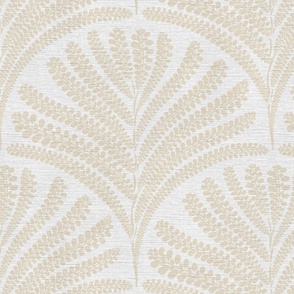 Damask with fern fans muted neutral yellow on  off-white linen  - medium scale