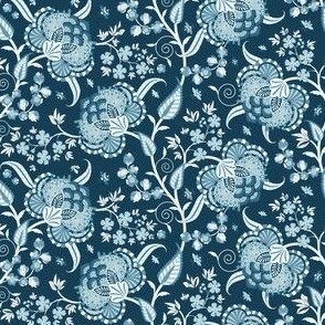 Extra Small Scale Trailing Indian Floral Botanical and Bee in Monochrome Dark Navy Blue and White
