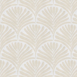 Damask with fern fans muted neutral yellow on  off-white linen  - small scale