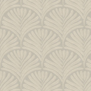 Damask with fern fans muted neutral yellow on  darker beige linen  - small scale