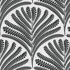 Damask with fern fans charcoal black on silver grey linen  - medium scale