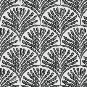Damask with fern fans charcoal black on silver grey linen  - small scale