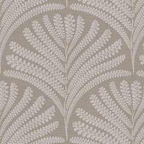Damask with brown beige fern fans  on warm grey brown / Cathedral Gray  linen  - medium scale