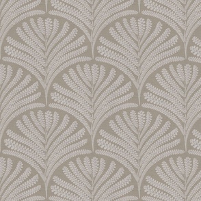 Damask with brown beige fern fans  on warm grey brown / Cathedral Gray  linen  - small scale