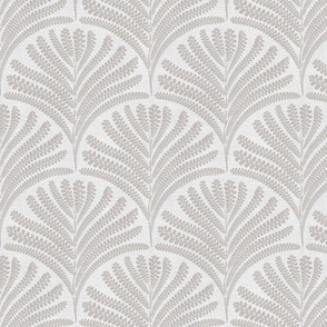 Damask with brown beige fern fans  on off white  linen  - small scale