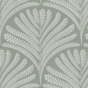Damask with fern fans  off- white / light grey on grey green  linen  - medium scale