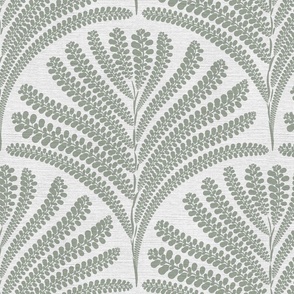 Damask with fern fans heather grey green on off-white / silver  linen  - medium scale