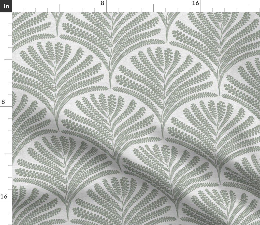 Damask with fern fans heather grey green on off-white / silver  linen  - small scale