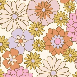 Retro Garden Floral in Lilac, Large | | groovy olive green, purple, pink illustrated flower power print on cream background