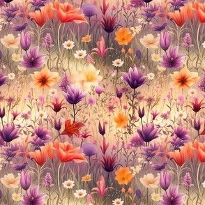 Small Scale Wildflower Meadow Purple Orange Marigold Daisy