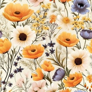 Medium Scale Wildflower Meadows Orange Blue Ivory Flowers