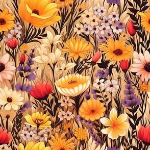 Medium Scale Wildflower Meadow Yellow Pink Ivory Daisies and Black Eye Susans