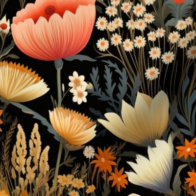 Large Scale Autumn Wildflower Meadow Orange Coral Ivory Yellow Navy