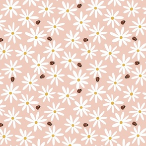 Daisies and Lady Bugs . Peachy Pink