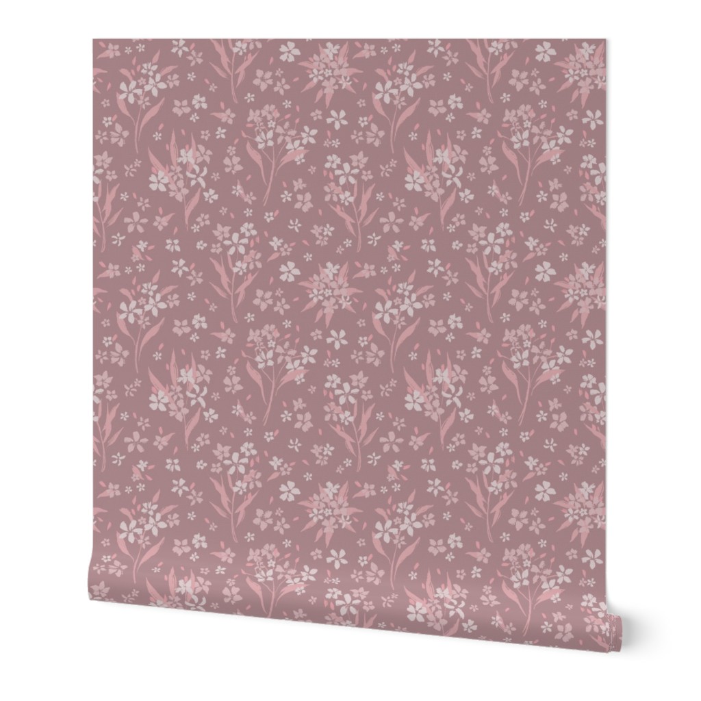 (M) Flower Stems with Abundant Blossoms | Pink, White on Muted Mauve | Medium Scale