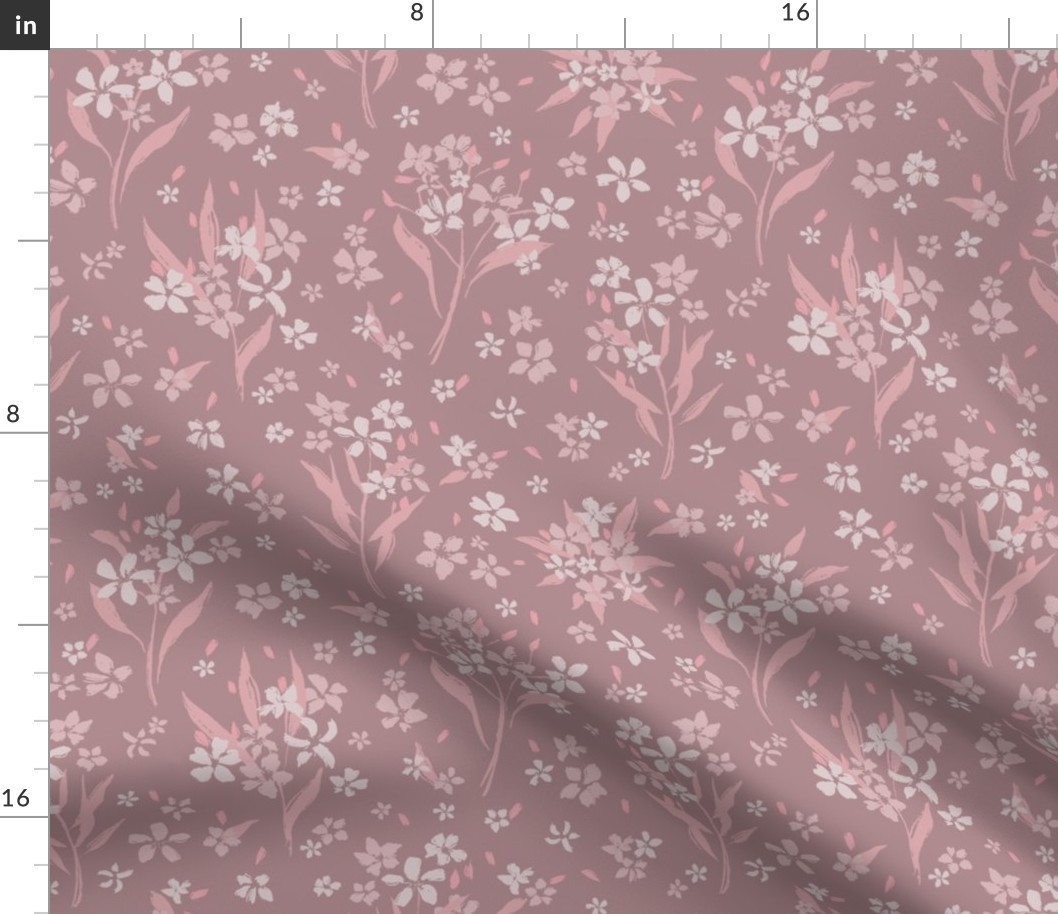 (M) Flower Stems with Abundant Blossoms | Pink, White on Muted Mauve | Medium Scale