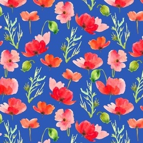 Hand Drawn, Watercolor Red Poppies Meadow on Cobalt Blue, M, 6"