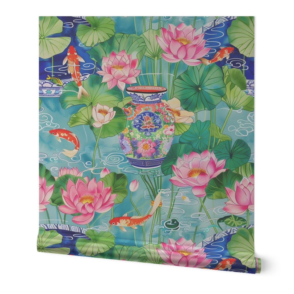 Silk batik style chinoiserie koi fish, ginger jar and pond with waterlilies