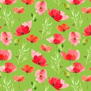 Hand Drawn, Watercolor Red Poppies Meadow on Bright Green, M, 6"