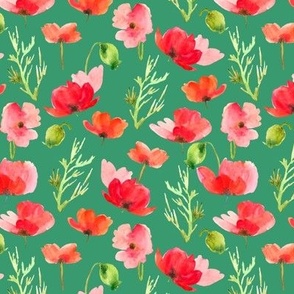 Hand Drawn, Watercolor Red Poppies Meadow on Light Emerald Green, M, 6"