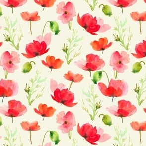 Hand Drawn, Watercolor Red Poppies Meadow on  Off White, M, 6"