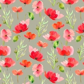 Hand Drawn, Watercolor Red Poppies Meadow on Grey, M, 6"