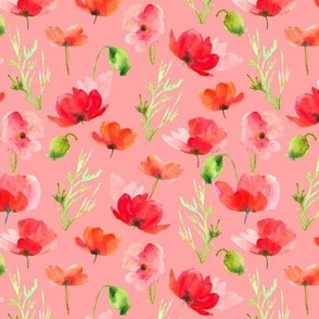 Hand Drawn, Watercolor Red Poppies Meadow on Pink, M, 6"