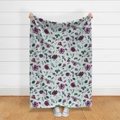 large - Rosebuds and peonies - botaical watercolor tossed florals - purple and green on eggshell light blue