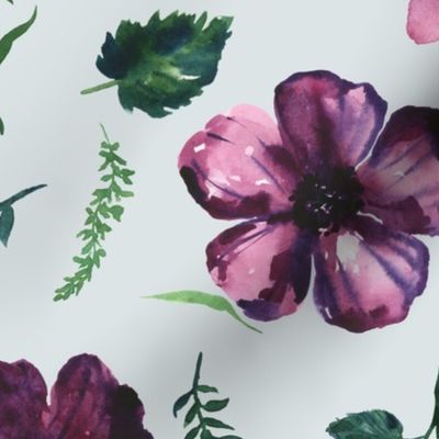 large - Rosebuds and peonies - botaical watercolor tossed florals - purple and green on eggshell light blue