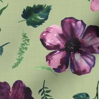 large - Rosebuds and peonies - botanical watercolor tossed florals - purple and green on tea green