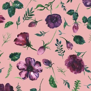 large - Rosebuds and peonies - botanical watercolor tossed florals - purple and green on tea rose pink