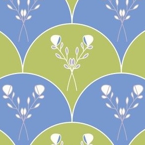 Spring Flowers - Scallop Pattern - Soft Blue And Green.