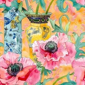 Large pink poppies in chinoiserie vase and blue stripe on yellow