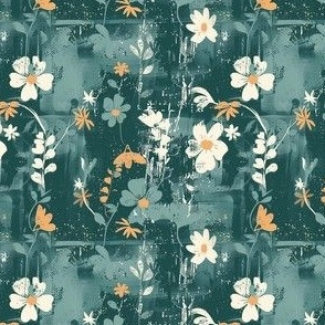 Small Scale Spring Grunge Floral White Daisies on Turquoise