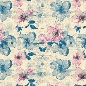 Small Scale Spring Grunge Floral in Fuchsia Pink and Blue