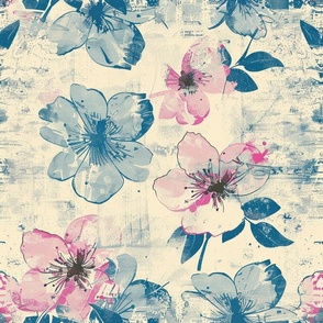Large Scale Spring Grunge Floral in Fuchsia Pink and Blue