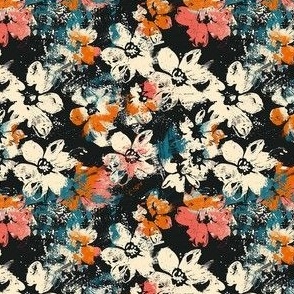 Small Scale Spring Grunge Floral Coral Blue and Ivory